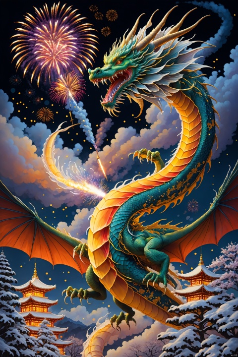 Painting fireworks in bloom, a dragon flying in the New Year's night sky, surreal, award-winning, high detail, best quality