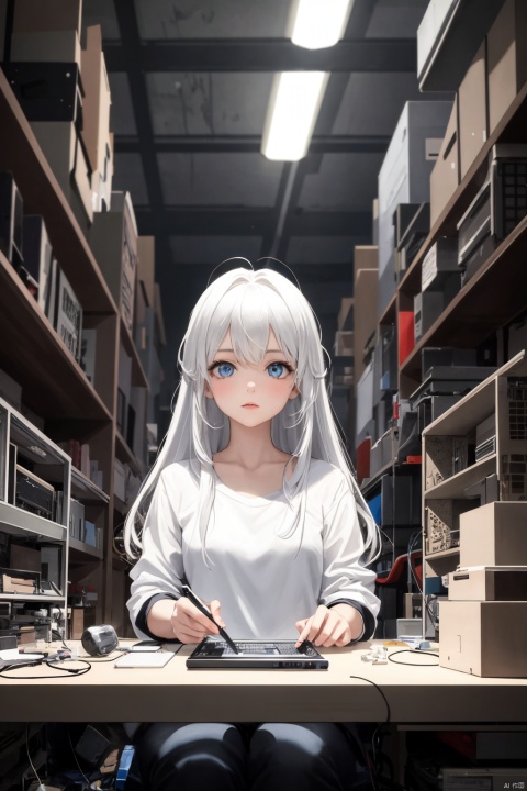  1girl, long hair, bangs, blue eyes, white hair, floating hair,Cubist abstraction, the figure of a girl amidst a geometrically fractured workshop, computer parts as the subject of artistic fragmentation, vibrant color palette, low-angle perspective, sharp lines, high-resolution canvas.