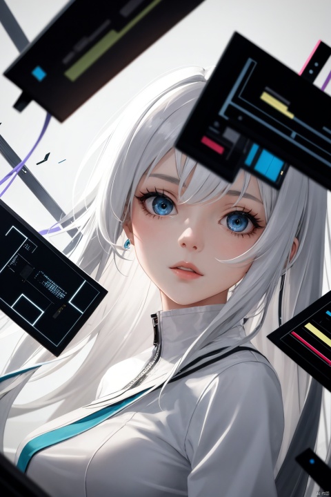  1girl, long hair, bangs, blue eyes, white hair, floating hair,Techno clothing, cubist abstractions, computer parts as the subject of art fragments, vibrant color palettes, low-angle perspective, sharp lines, high-resolution canvases.