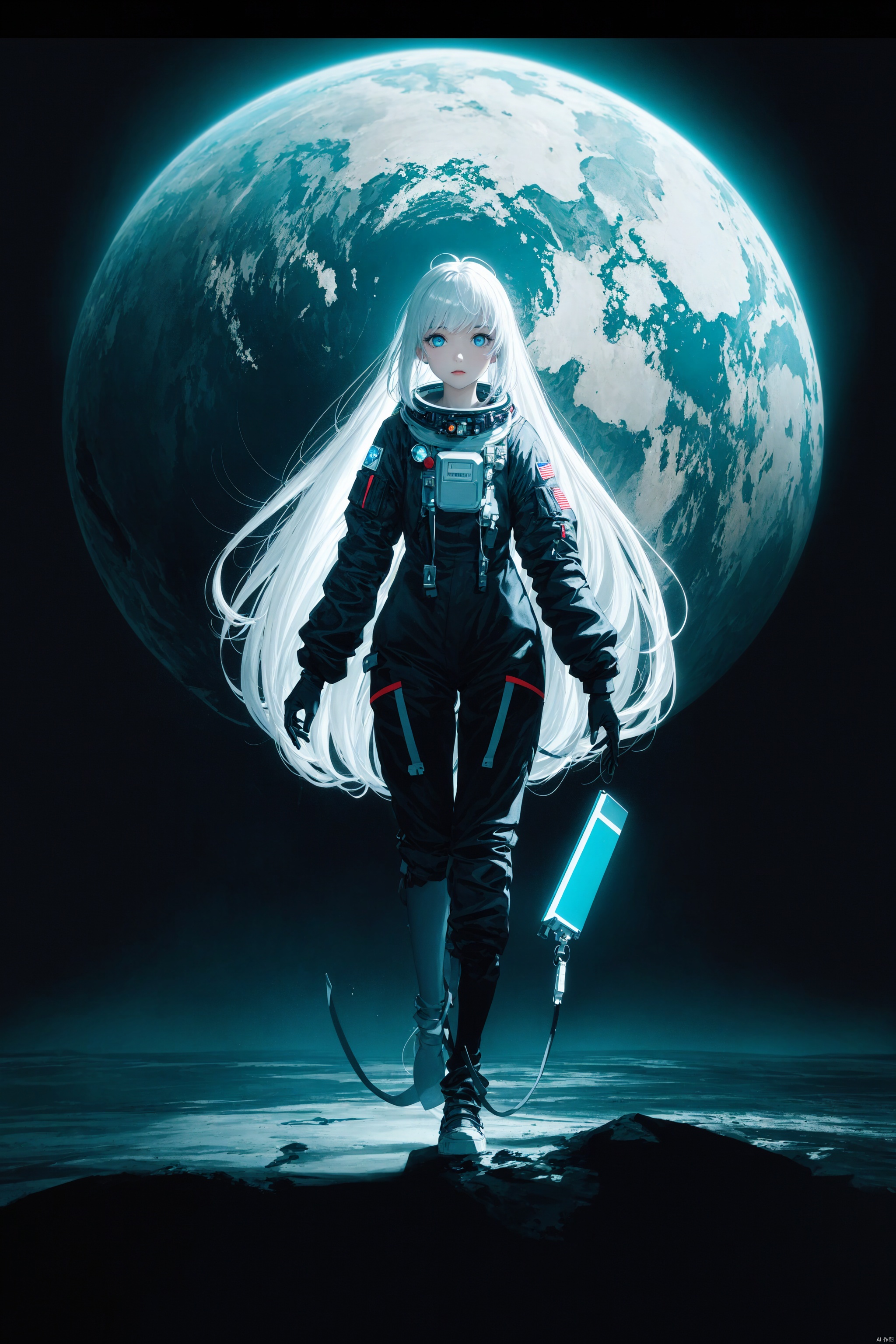  1girl, long hair, bangs, blue eyes, white hair, floating hair,An astronaut looking for a door in space, silver and cyan colors, baroque sci-fi, digital neon, 8K resolution style, spectacular background, surrealism, HD