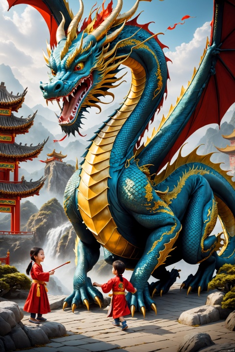 Show the dragon as the main body, children playing happily on the side of the year of the dragon scene, surreal, award-winning, high detail, the best quality