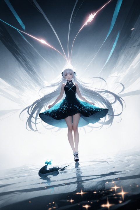  1girl, long hair, bangs, blue eyes, white hair, floating hair,Surrealism, A dreamlike cyber landscape with floating figures, Illuminated by an otherworldly dragon's breath, Low-angle shot, Hyper-saturated, Unusual perspectives, Melting effects, Airy texture