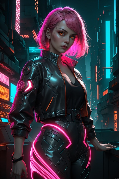 short-pink-haired woman, split hair style, flame combustion, mature lady, cool and composed, technological style, 
(pink and silver:1.2), short hair, partitioned bangs, fiery orange, intense gaze, 
sci-fi elements,((glowing technological accessories:1.3)), 
sharp cheeks, standing confidently, 
(cyberpunk background:1.0), 
vivid pink highlights, 
metallic sheen, 
(sleek outfit:.1), 
wind swept, 
(high-tech texture:1.4), 
asymmetric styling, 
(futuristic cityscape:0.8), 
dynamic pose, 
cool ambiance, 
(neon lighting:1.1), 
masterpiece, 
(best quality:1.5), 
(realistic art style:1.3).