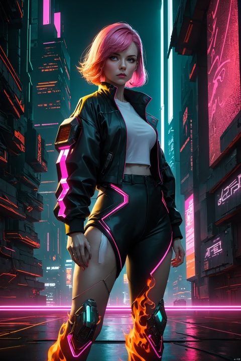  short-pink-haired woman, split hair style, flame combustion, mature lady, cool and composed, technological style, 
(pink and silver:1.2), short hair, partitioned bangs, fiery orange, intense gaze, 
sci-fi elements,((glowing technological accessories:1.3)), 
sharp cheeks, standing confidently, 
(cyberpunk background:1.0), 
vivid pink highlights, 
metallic sheen, 
(sleek outfit:.1), 
wind swept, 
(high-tech texture:1.4), 
asymmetric styling, 
(futuristic cityscape:0.8), 
dynamic pose, 
cool ambiance, 
(neon lighting:1.1), 
masterpiece, 
(best quality:1.5), 
(realistic art style:1.3).
