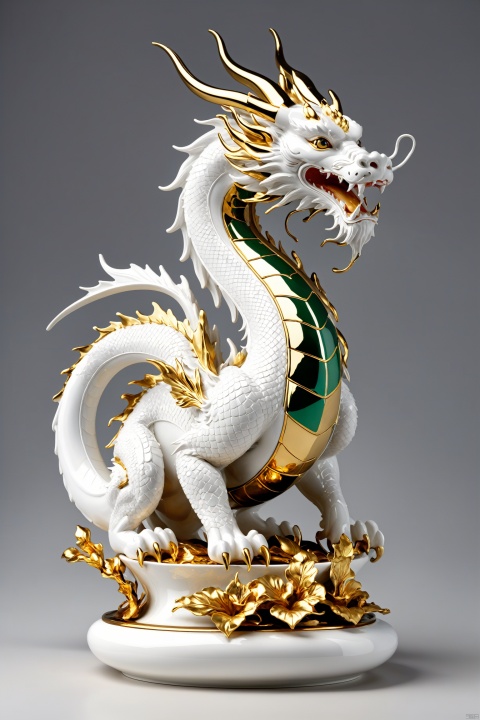 Ceramic white porcelain dragon, decorated with gold leaf details, classical and elegant, clean background, funky blind box toys, surreal, 3D, Behance, award winning, high detail, best quality