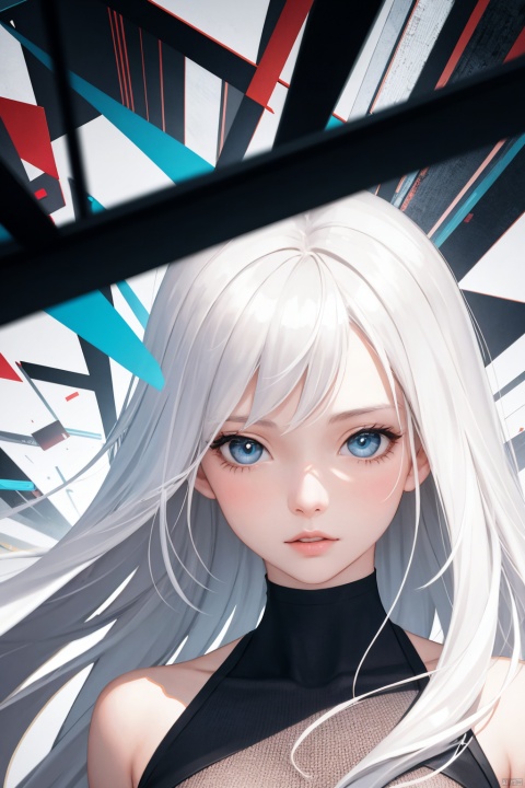  1girl, long hair, bangs, blue eyes, white hair, floating hair,Techno clothing, cubist abstractions, computer parts as the subject of art fragments, vibrant color palettes, low-angle perspective, sharp lines, high-resolution canvases.