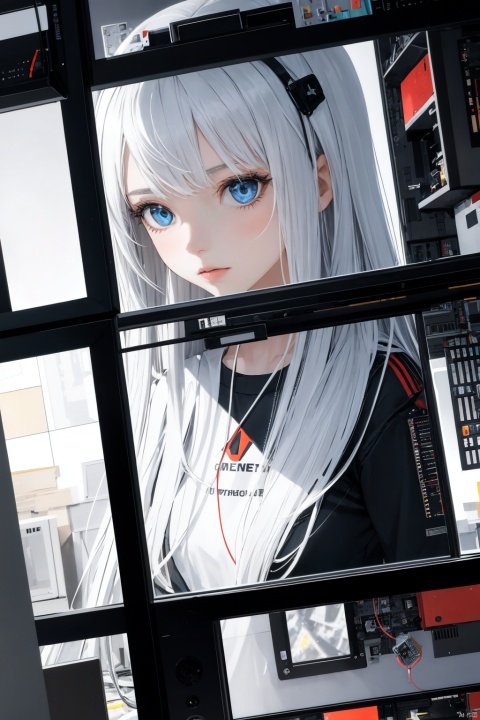  1girl, long hair, bangs, blue eyes, white hair, floating hair,Cubist abstraction, the figure of a girl amidst a geometrically fractured workshop, computer parts as the subject of artistic fragmentation, vibrant color palette, low-angle perspective, sharp lines, high-resolution canvas.