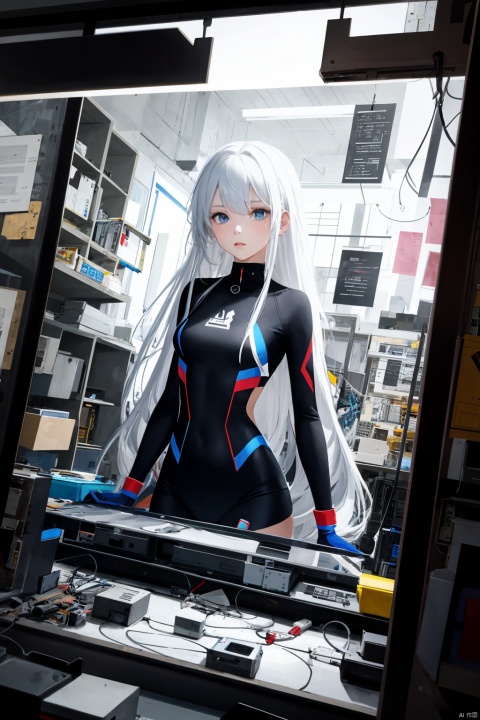 1girl, long hair, bangs, blue eyes, white hair, floating hair,Cubist abstraction, the figure of a girl amidst a geometrically fractured workshop, computer parts as the subject of artistic fragmentation, vibrant color palette, low-angle perspective, sharp lines, high-resolution canvas.