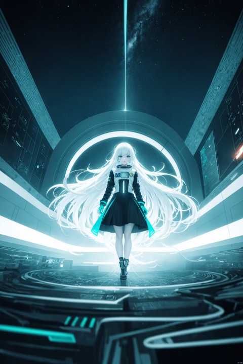  1girl, long hair, bangs, blue eyes, white hair, floating hair, Cyber-surrealism, a female astronaut with circuitry tattoos, amidst a galaxy of silver and teal, an otherworldly portal, baroque-inspired spacecraft, neon-lit void, wide-angle lens, 8K ultra-high-definition, epic and intricate