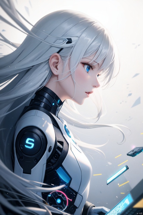 1girl, long hair, bangs, blue eyes, white hair, floating hair, Surre dreamscape, a girl with cybernetic enhancements, workshop filled with floating computer parts, ethereal background with melting clocks, close-up profile, high-definition, artistic blur.