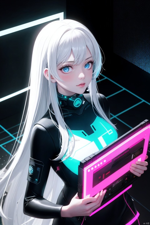  1girl, long hair, bangs, blue eyes, white hair, floating hair,Neon-lit, cyberpunk aesthetic, a girl with tech-gear, immersed in a high-tech assembly hub, reflective surfaces and holographic projections as the background, bird's-eye view, glowing outlines, ultra-high-definition, VHS glitch effect.