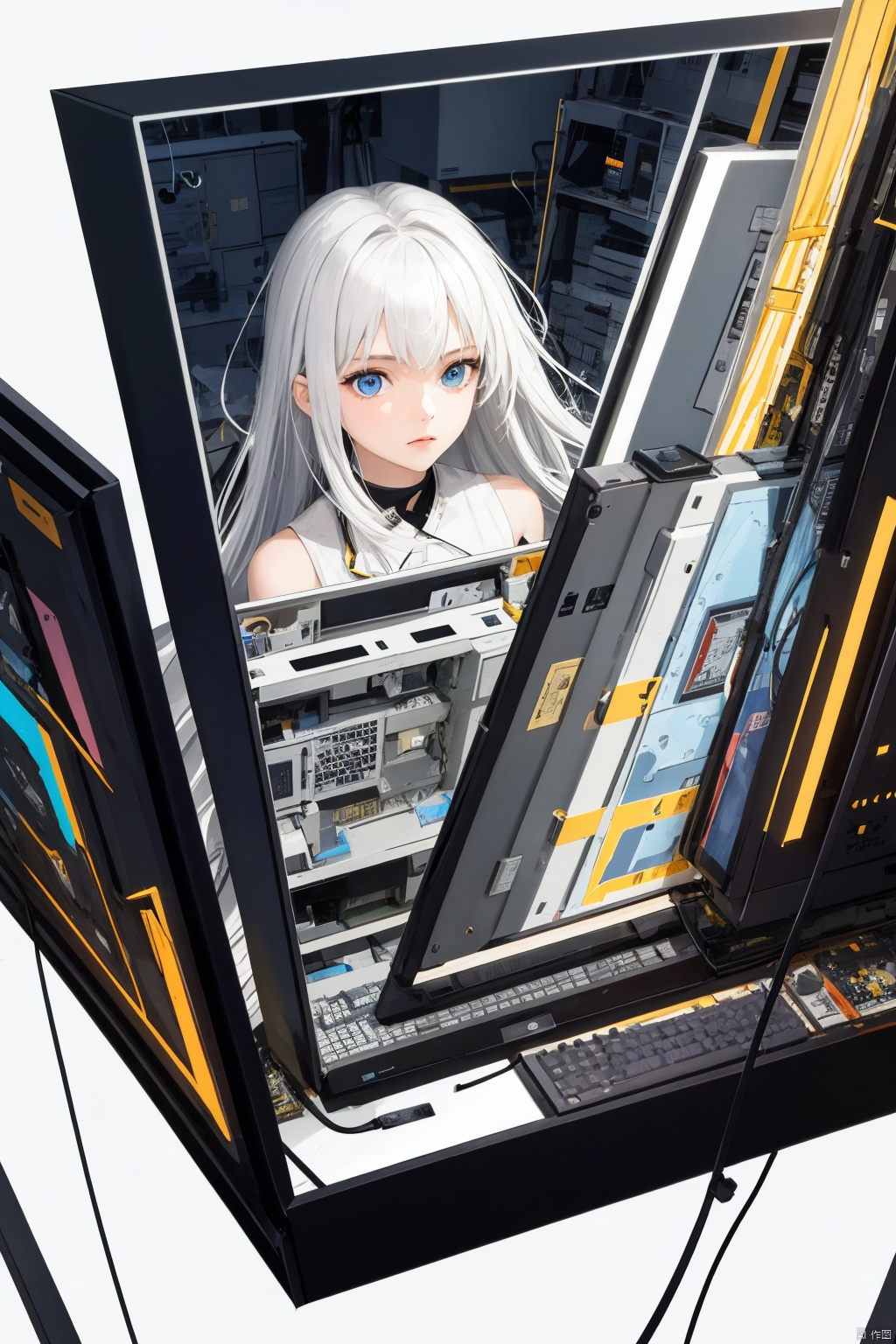  1girl, long hair, bangs, blue eyes, white hair, floating hair,Cubist abstraction, the figure of a girl amidst a geometrically fractured workshop, computer parts as the subject of artistic fragmentation, vibrant color palette, low-angle perspective, sharp lines, high-resolution canvas.