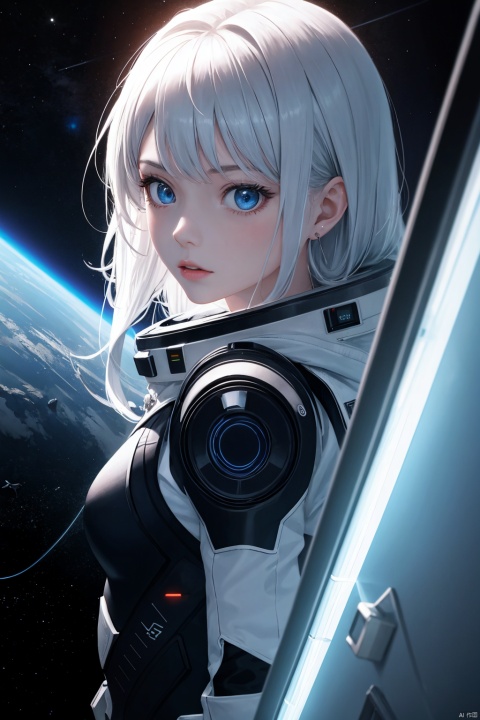1girl, long hair, bangs, blue eyes, white hair, floating hair, Baroque sci-fi, a tech-savvy girl in space suit, searching for an ethereal door, silver and cerulean hues, digital neon lights illuminating the scene, 8K resolution, grandiose cosmic background, with a touch of surrealism, hyper-realistic detail