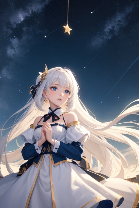  1girl, long hair, bangs, blue eyes, white hair, floating hair, Facing the stars, with their backs to the sky, the elaborate Daguerre hanging in the background casts a divine ray from their hands to illuminate the front.