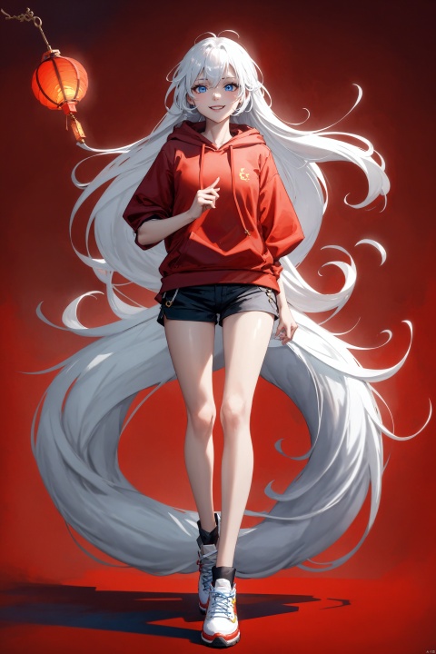  1girl, long hair, bangs, blue eyes, white hair, floating hair, ,((4k,masterpiece,best quality)), shuimobysim,Red Dragon,1 15 year old girl, smile, fashionable Chinese girl, casual hoodie, shorts, Lantern, Chinese knot, whole body, (red background :1.3), beautiful legs, Chinese New Year, long