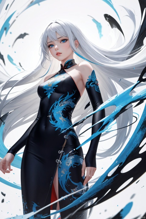  1girl, long hair, bangs, blue eyes, white hair, floating hair,Abstract expressionism, A spiritual Chinese dragon amidst swirling digital code, Background of pulsating algorithmic patterns,'s-eye view, Expressive brushwork, Limited color palette, Emotive ambiance