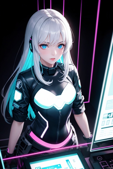  1girl, long hair, bangs, blue eyes, white hair, floating hair,Neon-lit, cyberpunk aesthetic, a girl with tech-gear, immersed in a high-tech assembly hub, reflective surfaces and holographic projections as the background, bird's-eye view, glowing outlines, ultra-high-definition, VHS glitch effect.