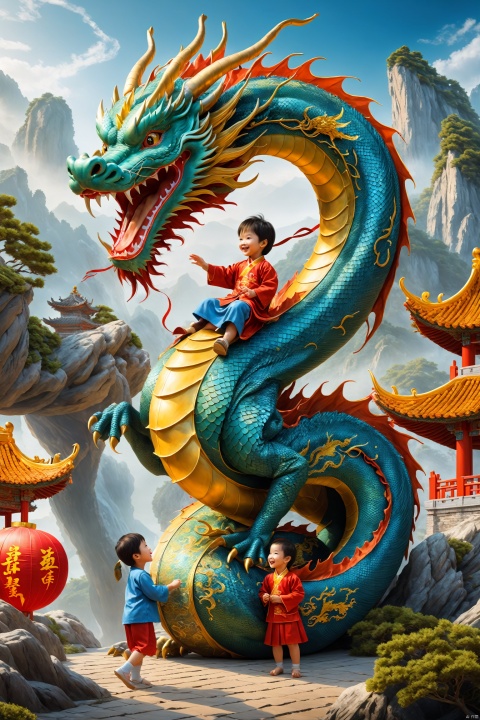Show the dragon as the main body, children playing happily on the side of the year of the dragon scene, surreal, award-winning, high detail, the best quality