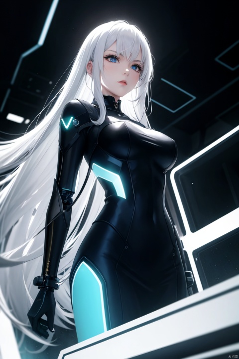 1girl, long hair, bangs, blue eyes, white hair, floating hair, High-drama sci-fi baroque, a girl with cybernetic implants, draped in silver and blue, stands before a mysterious gateway, surrounded by neon-flecked space, cinematic close-up, 8K image resolution, opulent and surreal