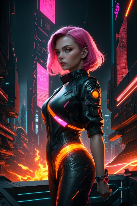  short-pink-haired woman, split hair style, flame combustion, mature lady, cool and composed, technological style, 
(pink and silver:1.2), short hair, partitioned bangs, fiery orange, intense gaze, 
sci-fi elements,((glowing technological accessories:1.3)), 
sharp cheeks, standing confidently, 
(cyberpunk background:1.0), 
vivid pink highlights, 
metallic sheen, 
(sleek outfit:.1), 
wind swept, 
(high-tech texture:1.4), 
asymmetric styling, 
(futuristic cityscape:0.8), 
dynamic pose, 
cool ambiance, 
(neon lighting:1.1), 
masterpiece, 
(best quality:1.5), 
(realistic art style:1.3).