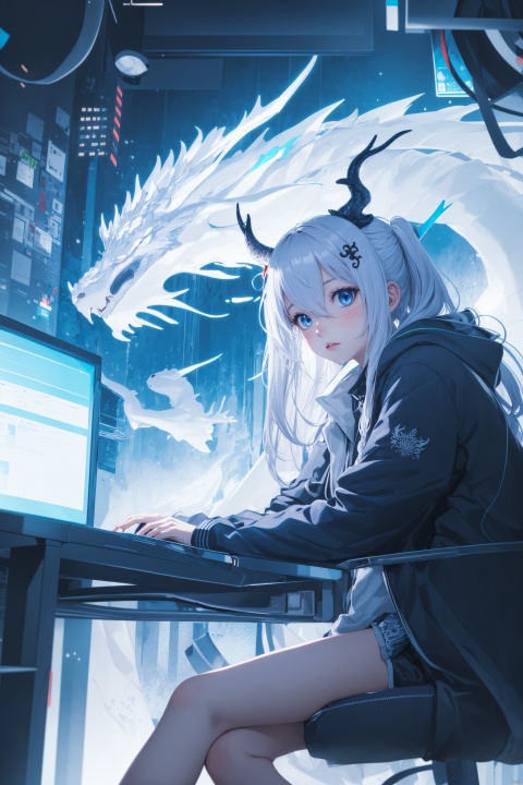  1girl, solo, long hair, looking at viewer, bangs, blue eyes, hair ornament, long sleeves, hair between eyes, sitting, jacket, braid, white hair, parted lips, horns, shorts, hairclip, indoors, hood, from side, black jacket, looking to the side, bare legs, feet out of frame, chair, crossed legs, blue theme, dragon, antlers, monitor, eastern dragon