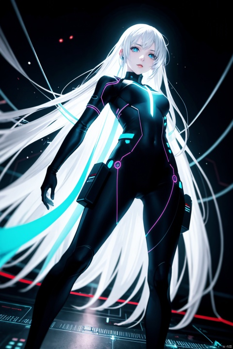  1girl, long hair, bangs, blue eyes, white hair, floating hair,Digital art, A fluid silhouette of a cyber ninja, Glowing wires and circuitry background, Wide-angle shot, Neon lighting, High contrast, Hyper-realism