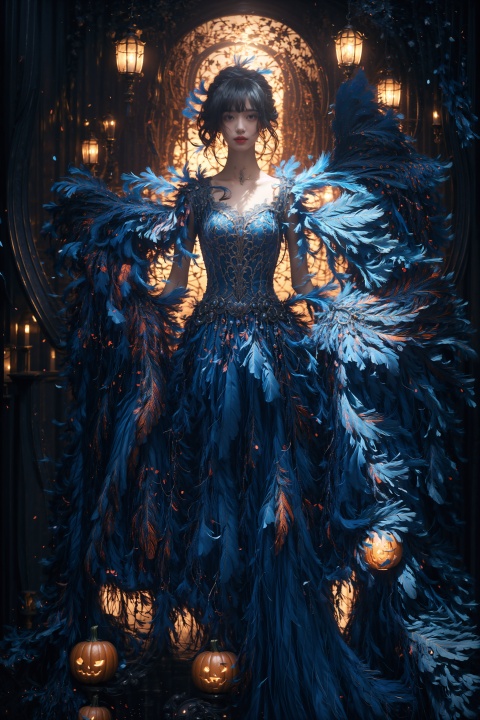  1 girl, feather dress, magical background, full body, silhouette light, halloween, (cinematic composition:1.3), (depth of field:1.2), (magic atmosphere:1.1), (spooky props:1.0), (bright colors:0.9), (contrasting light and shadow:0.8), (eerie sounds:0.7), (candlelight:0.6).