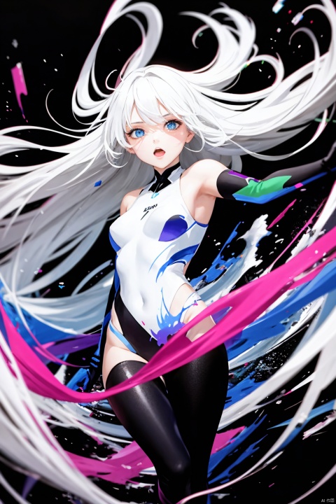  1girl, long hair, bangs, blue eyes, white hair, floating hair,Abstract Expressionism, a girl in virtual reality, faceless figure amidst swirling colors, representing the entity,background of energetic strokes and splashes of primary colors, dynamic perspective, high-definition texture with thick layers of paint and bold movements.