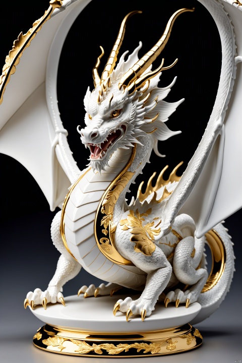 Ceramic white porcelain dragon, decorated with gold leaf details, classical and elegant, clean background, funky blind box toys, surreal, 3D, Behance, award winning, high detail, best quality