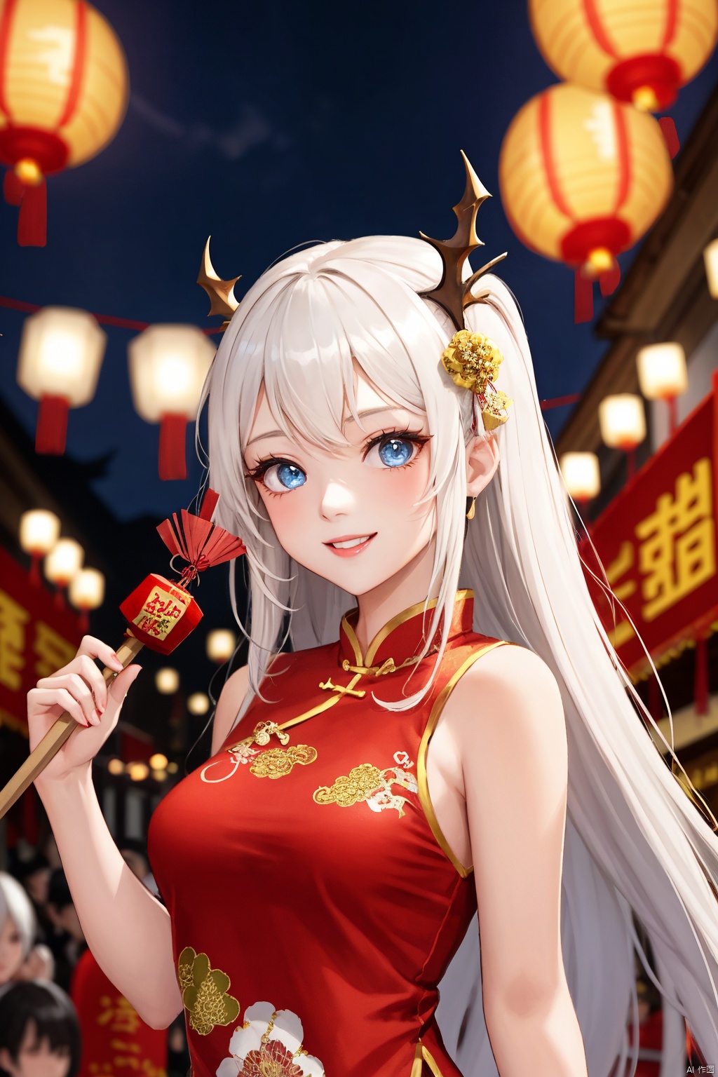  1girl, long hair, bangs, blue eyes, white hair, floating hair,White haired girl, Blue eyes, Chinese New Year, Chinese Dragon (festive, traditional, cultural :1.5), (1 girl :1.2), (Real art :1.2), original, detailed, vibrant colors, Chinese lanterns, fireworks, traditional attire, cheongsam, dragon dance, dynamic pose, smiling, long hair, elegant, celebrating, street parade, red and gold decorations, cuts, (sunset :0.8), urban setting, (crowd in background :0.6), lanterns in hand, (shiny makeup :0.7), almond-shaped eyes, (glowing skin :0.9), (Happy atmosphere :1.4)