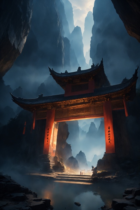  Ancient China, Wuxia World, Black Through the Cave, surrounded by mist, vast panorama, Unreal light and shadow, wide Angle lens, captured at dusk, cinematic texture, Unreal Engine 4, 8K Ultra HD, clear and bright image quality, amazing fantasy immortal scenes, ink painting style, highly refined, dynamic expression, clear lines, cinematic texture, cool atmosphere, Vivid, high octane rendering, extremely fine,wujie,wanjianguizong, wujie