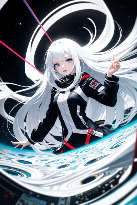 1girl, long hair, bangs, blue eyes, white hair, floating hair,A girl with abstract features and a surreal aura, facing a swirling time-space vortex, on a chaotic square with random tech installations, bird's-eye view, characterized by vibrant colors and sharp contrasts, emphasizing the artistic chaos and absurdity.