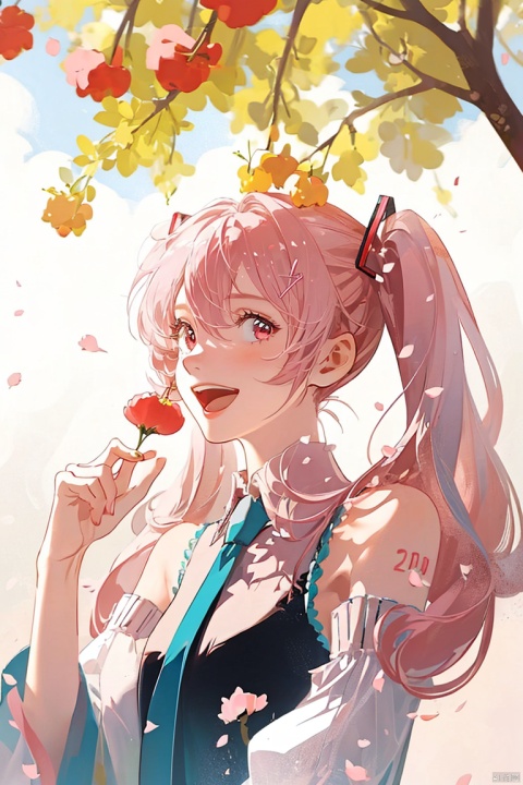 1girl, solo, long hair, looking at viewer, smile, open mouth, bangs, shirt, hair ornament, holding, hair between eyes, bare shoulders, twintails, very long hair, white shirt, upper body, pink hair, flower, :d, detached sleeves, necktie, teeth, sleeveless, collared shirt, pink eyes, petals, sleeveless shirt, floating hair, upper teeth only, cherry blossoms, pink flower, food-themed hair ornament, pink theme, falling petals, pink necktie, pink sleeves, cherry hair ornament, hatsune miku, sakura miku
