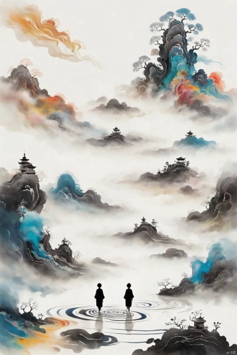 A boy silhouette with an aura of swirling colors, wandering on the edge of the abstract land of the dead,symbolizing the vastness and depth.white background, creating a surreal atmosphere, In his head is depicted as a surreal dreamscape filled with floating islands and ethereal creatures,with blowing patterns and dark hues. the colors are vibrant and fluid, capturing movement and energy in a dreamlike way, dark white color theme, digital art style, abstract art background, highly detailed.This artwork conveys a sense of wonder about life and death, longitudinal section,3d rendering 