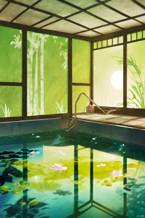  by ajimita, (score_9,score_8_up,score_7_up,score_6_up,score_5_up), ancient chinese style, moonlight streamed into the room, a pool of clear water had accumulated, with algae and rushes crisscrossing in the water
