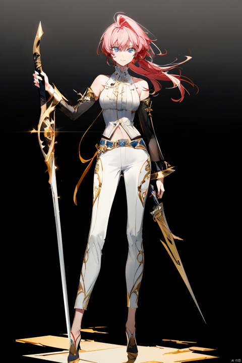  1girl, by sia,amazing quality,photorealistic,detailed,beautiful color,beautiful,solo, long hair, breasts, looking at viewer, smile, bangs, blue eyes, shirt, holding, bare shoulders, jewelry, medium breasts, standing, full body, weapon, necktie, pants, holding weapon, character name, bracelet, english text, red necktie, staff, gold trim, white pants, anklet
