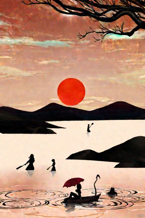 by narue, by agm, (score_9,score_8_up,score_7_up,score_6_up,score_5_up), ancient chinese style, round red sun, The clouds darken as if about to rain, the water ripples and mist rises, amidst the thunderous roar of lightning splitting the sky asunder