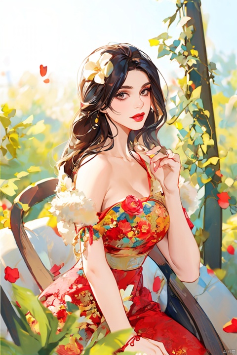  1girl, solo, long hair, huge breasts, looking at viewer, large breasts, brown hair, hair ornament, dress, cleavage, brown eyes, upper body, flower, parted lips, solo focus, hair flower, blurry, lips, see-through, floral print, red dress, ground vehicle, red lips, watercolor \(medium\), Ink scattering_Chinese style, Gauze Skirt