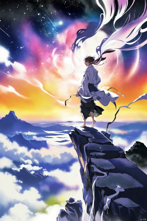 by yoneyama mai, Tie dyeing style, Tie dyeing,Shinkai Makoto style, a whimsical digital illustration of a solitary figure standing on a cliff overlooking the vast starry sky. The figure has a wistful expression, his hair blown by the wind and his robe flowing. The sky is filled with rotating galaxies and constellations, creating a fantastic atmosphere. Bright colors, ethereal lights