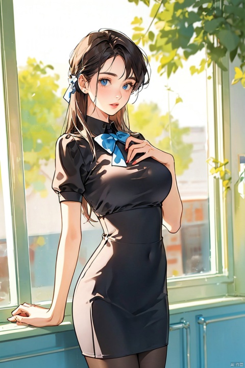 1girl, solo, long hair, breasts, looking at viewer, blush, blue eyes, skirt, large breasts, shirt, black hair, bow, standing, white shirt, short sleeves, pantyhose, cowboy shot, parted lips, collared shirt, bowtie, black skirt, lips, black pantyhose, covered navel, blue bow, hand on own chest, pencil skirt, high-waist skirt, brown skirt, shirt tucked in, office lady, longlegs