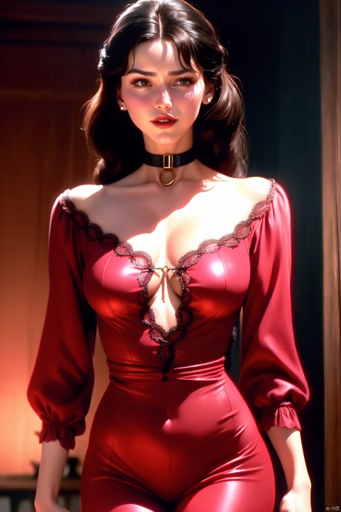  Dvd screengrab, from 1985 dark fantasy film, vintage style art, Kodachrome Photograph of a woman with pronounced hyper - feminine features designed to attract marriage - minded woman, hyper - realistic, high detail, realsitic shadow, cowboy shot, jumpsuits, lace, cleave, v shape collar, collarbone, , zumi