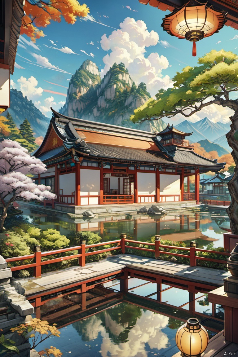 outdoors, sky, day, cloud, water, tree, no humans, window, plant, building, scenery, reflection, lantern, mountain, architecture, east asian architecture