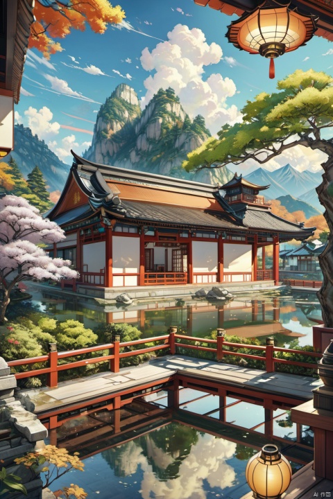 outdoors, sky, day, cloud, water, tree, no humans, window, plant, building, scenery, reflection, lantern, mountain, architecture, east asian architecture