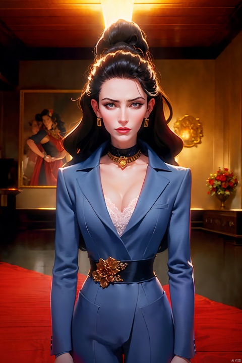  Dvd screengrab, from 1985 dark fantasy film, vintage style art, Kodachrome Photograph of a woman with pronounced hyper - feminine features designed to attract marriage - minded woman, hyper - realistic, high detail, realsitic shadow, cowboy shot, jumpsuits, lace, cleave, v shape collar, collarbone, , executive mishiro