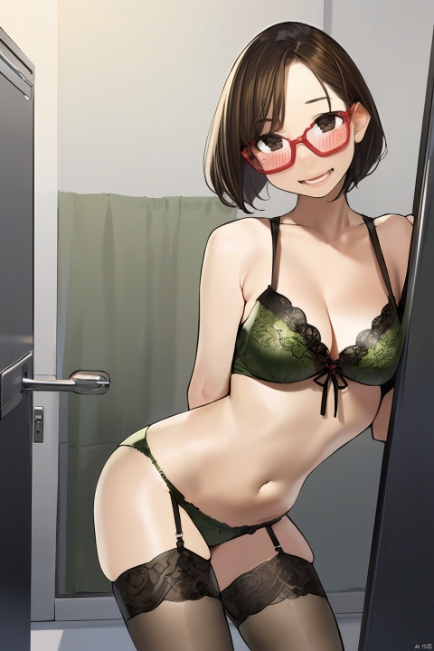  1girl, by yomu,amazing quality,photorealistic,detailed,beautiful color,beautiful,solo, huge breasts, looking at viewer, blush, large breasts, brown hair, thighhighs, navel, cleavage, underwear, panties, glasses, indoors, bra, garter straps, arms behind back, lingerie, garter belt, mature female, korean text, green panties, green bra, brown_hair
