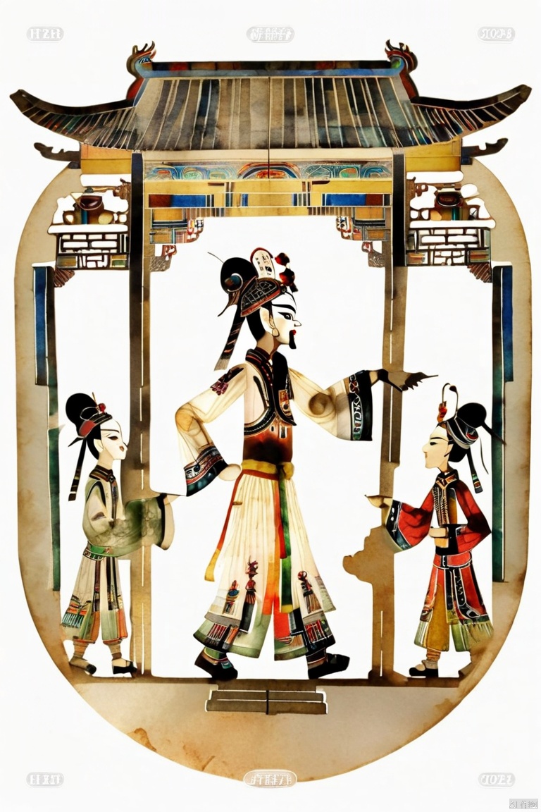  Chinese traditional shadow play, movable joint, screw joint, single person,whole body,composite material,watercolor, ethnic color, paper texture, pure white background,no background,cutout style, Intangible Cultural Heritage, ancient egyptian mural style, abstract style, Chinese traditional pattern