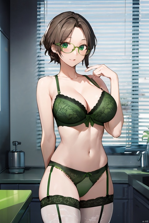  1girl, by ,amazing quality,photorealistic,detailed,beautiful color,beautiful,solo, huge breasts, looking at viewer, blush, large breasts, brown hair, thighhighs, navel, cleavage, underwear, panties, glasses, indoors, bra, garter straps, arms behind back, lingerie, garter belt, mature female, korean text, green panties, green bra, brown_hair