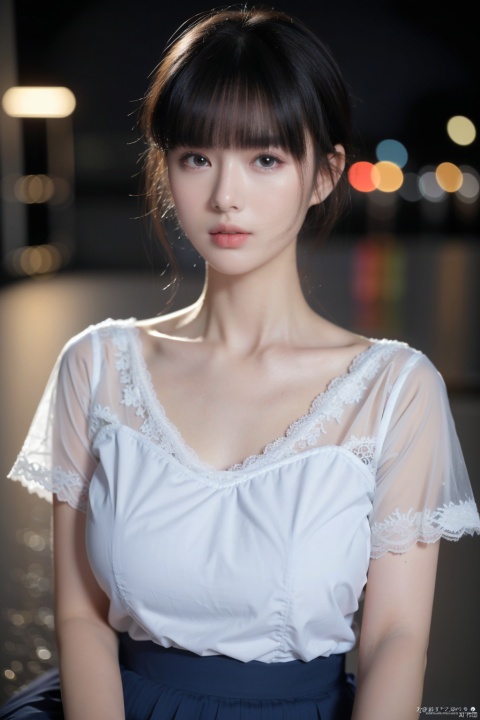  1girl,(8k, RAW photo, best quality, masterpiece:1.3),(realistic,photo-realistic:1.37),(night),(looking at viewer:1.331),(white hair),posing,Tokyo street,nightcityscape, , cyberpunk city,soft light,1girl,extremely beautiful face,bust, (big breasta:1.39), put down hands,Random hairstyle,Random expression,big eyes, ,lower abdomen,(short-sleeved 
JK_shirt),JK_style,(dark blue JK_skirt) ,(bow JK_tie),mix4, an extremely delicate and beautiful girl, depth of field, blurry background, blurry foreground, delicate, beautiful, beautiful face, beautiful eyes, beautiful girl, delicate face, delicate girl, 8k wallpaper,(best quality:1.12),(detailed:1.12),(intricate:1.12),(ultra-detailed:1.12),(highres:1.12), hyper detailed,ultra-detailed, high resolution illustration, colorful, 8k wallpaper, highres, Cinematic light, ray tracing, (8k, RAW photo, best quality, masterpiece, ultra highres, ultra detailed:1.2), (realistic, photo-realistic:), 1girl
