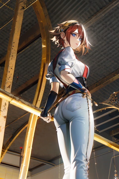  1girl, by 7thknights,amazing quality,photorealistic,detailed,beautiful color,beautiful,solo, long hair, breasts, looking at viewer, smile, bangs, blue eyes, shirt, holding, bare shoulders, jewelry, medium breasts, standing, full body, weapon, necktie, pants, holding weapon, character name, bracelet, english text, red necktie, staff, gold trim, white pants, anklet