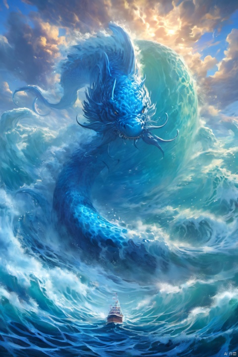  The fierce Leviathan, its scales a deep oceanic blue, rises from the depths of the sea to confront a fleet of naval warships armed with cannons and torpedoes, its mighty tail churning the waves into a frothy maelstrom that capsizes several vessels, as it spews forth a geyser of water that drenches the sailors in salty brine., figure, Furry Girl, jijianchahua, gchf, Arien view